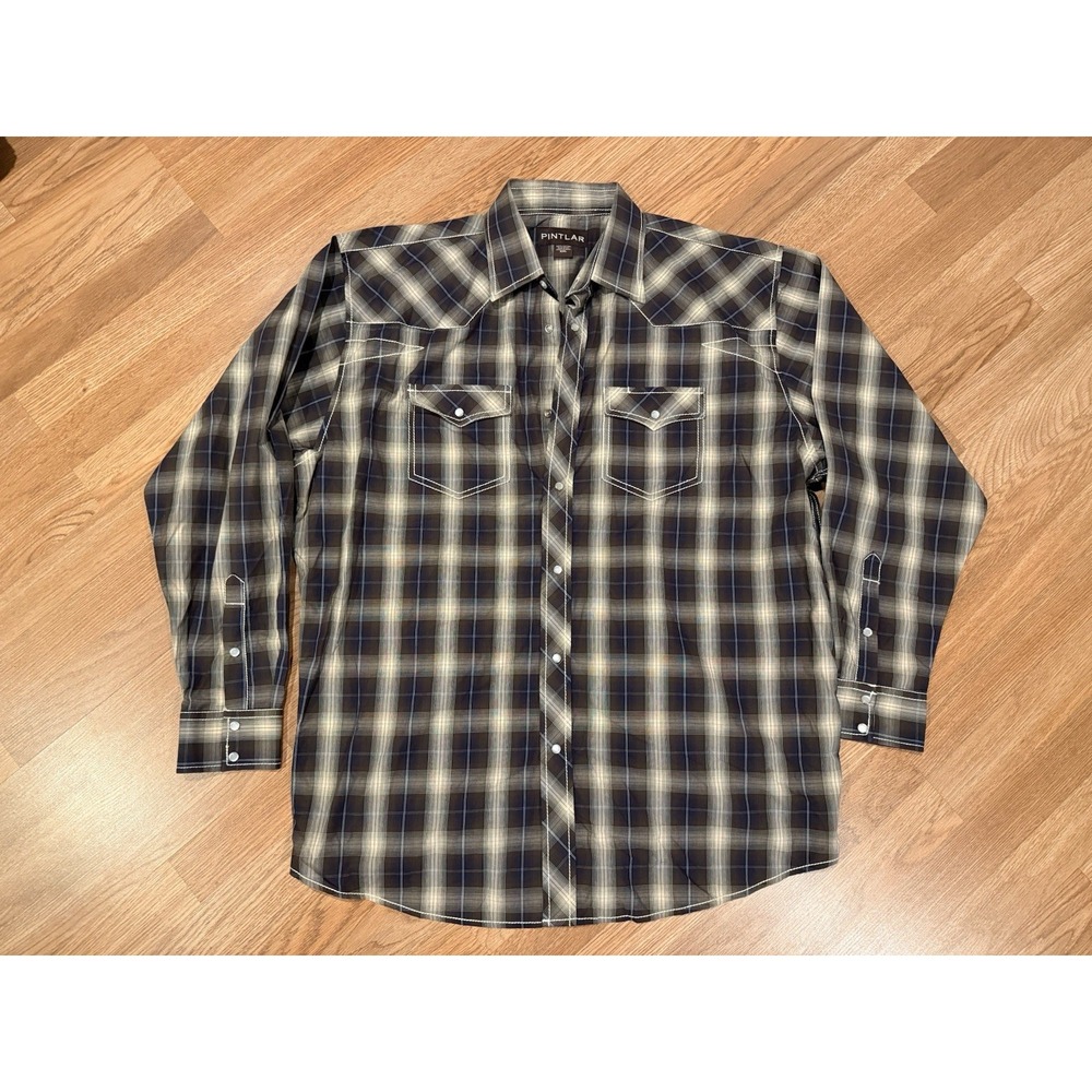 Pintlar Western Shirt Men's 2XL Brown Blue Plaid Pearl Snap Cotton‎ Rodeo Cowboy